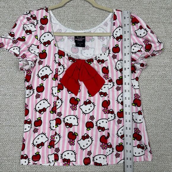 Hello Kitty Pink Striped Blouse Top Medium Apples Flowers Bow‎ AOP - Picture 6 of 10